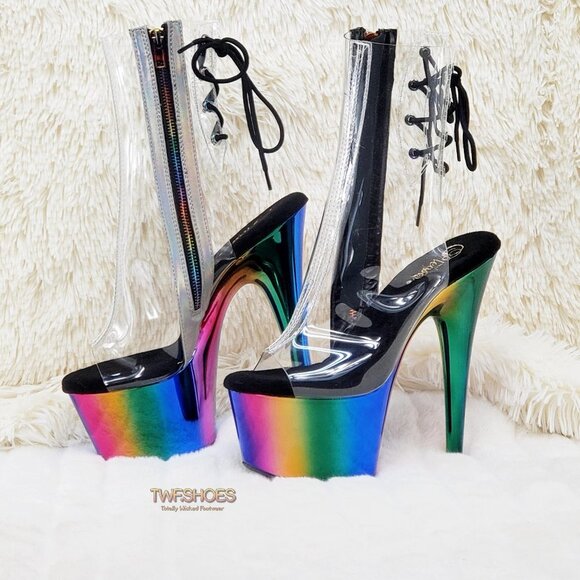 Rainbow Platform High Heel Clear Upper Ankle Boots - Picture 1 of 15